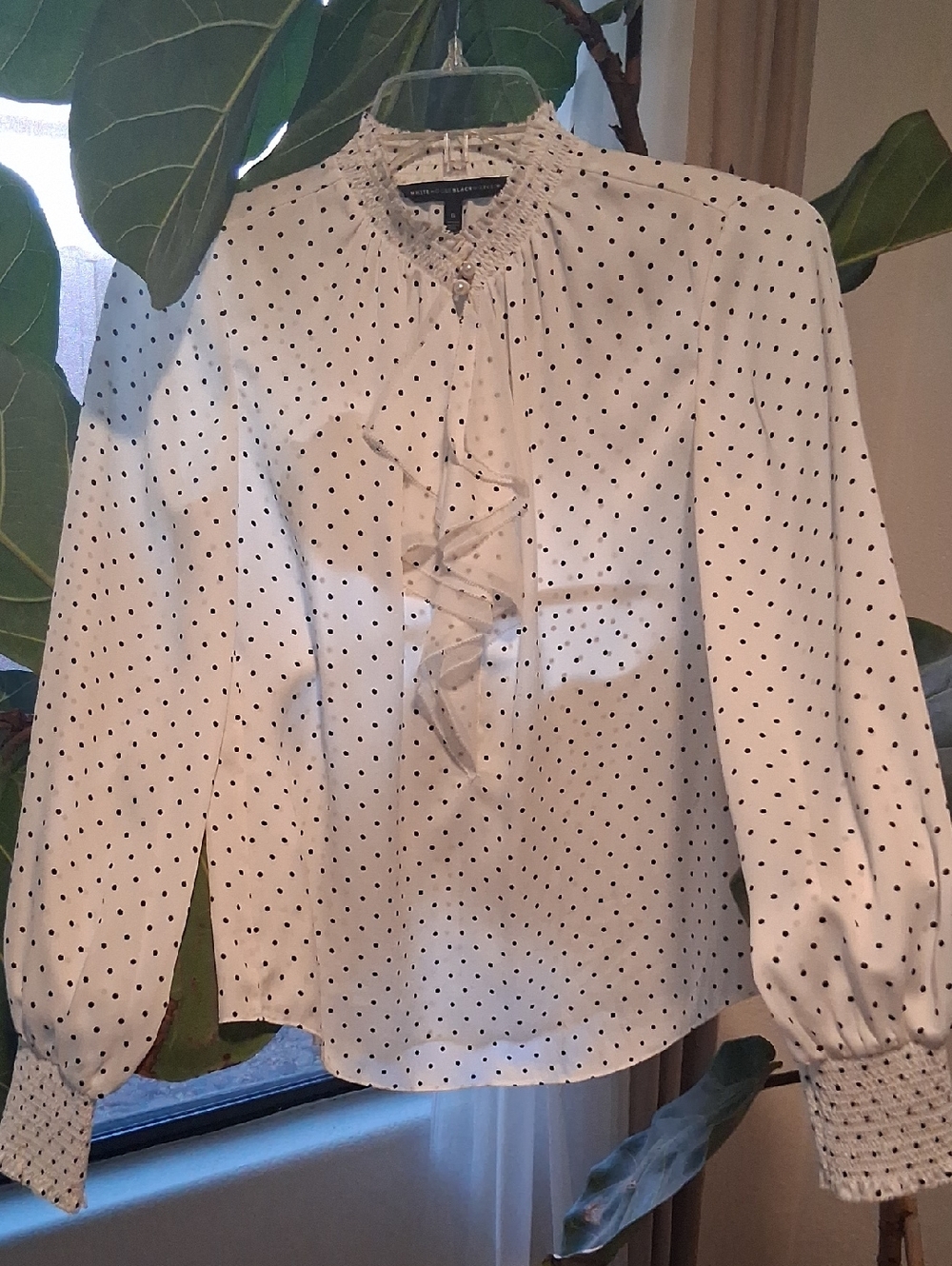 White House Black Market Ivory Polka Dot Ruffle-Front Blouse